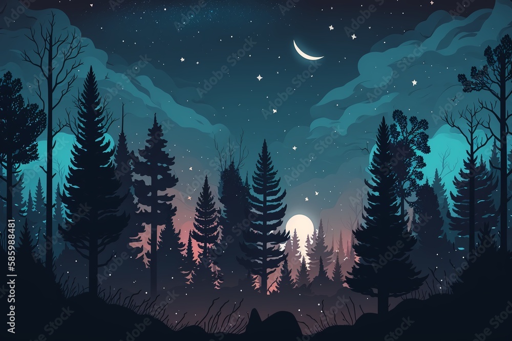 Naklejka premium 2D flat night sky forest background,Generative AI