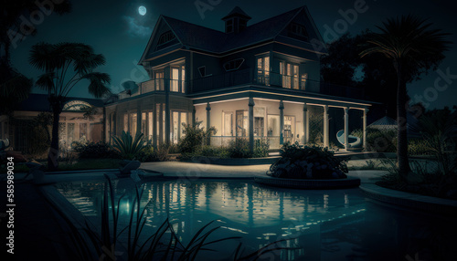The dream house in the field at night. Generative AI. 