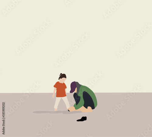 Father putting shoes on his daughter on city street. Care and good relations in happy family with kids concept.