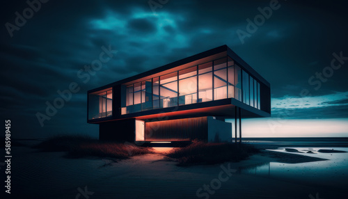 The modern house in the beach at night. Generative AI.  © Fernando