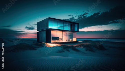 The modern house in the beach at night. Generative AI. 