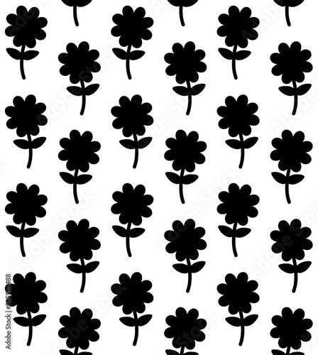 Vector seamless pattern of retro groovy flower silhouette isolated on white background