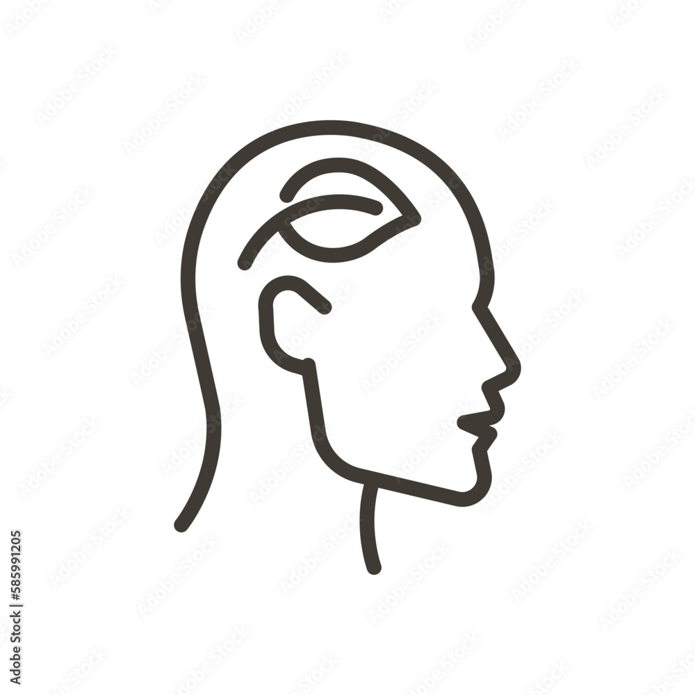 Vector thin line icon outline linear stroke illustration of human head with a leaf. Think green, sustainable lifestyle and environmentaly friendly Vector thin line icon outline linear stroke illustration of human head with a leaf. Think green, sustainable lifestyle and environmentaly friendly