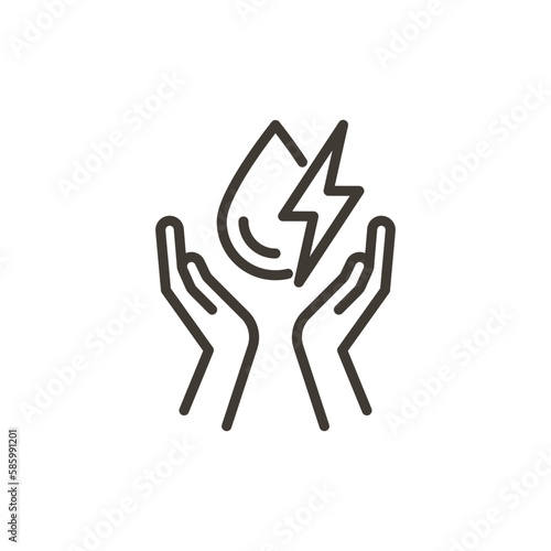 Drop and bolt symbols with hands. Vector thin line icon linear stroke outline illustration. Electricity and water, renewable energies or supplement concepts