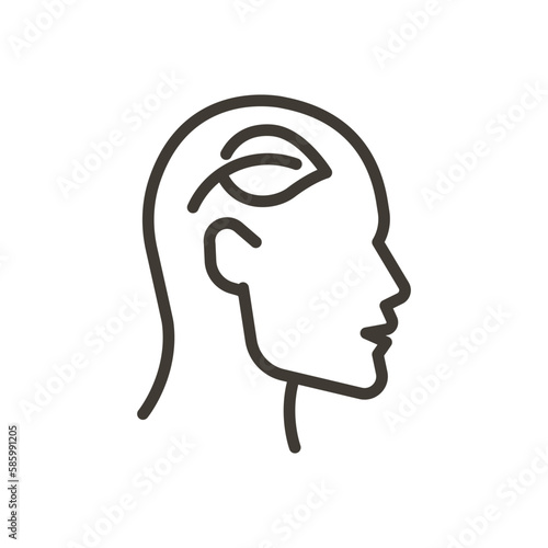 Vector thin line icon outline linear stroke illustration of human head with a leaf. Think green, sustainable lifestyle and environmentaly friendly