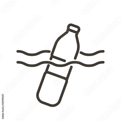 Vector minimal thin line icon outline linear stroke illustration of a plastic bottle in the ocean water. Trash garbage pollution our planet waters