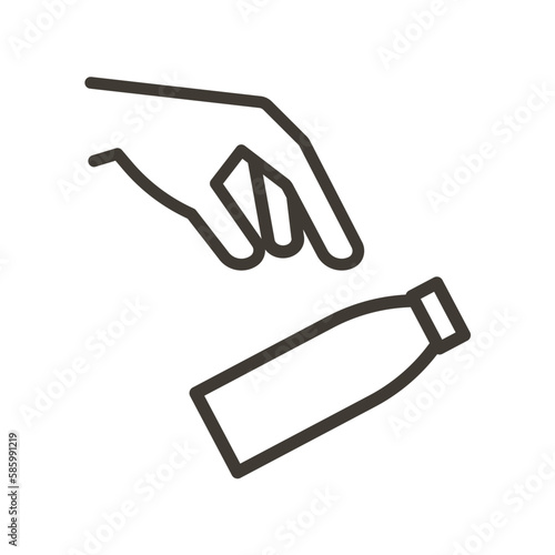 Vector thin line icon outline linear stroke illustration of hand throwing bottle into trash bin or into the floor, depending on context. Waste, recycle and dispose