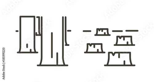 Vector thin line icon outline linear stroke illustration of the same forest before and after beeing cut, deforestation. Full trees and their stump counterpart