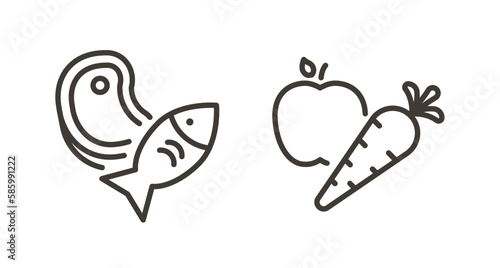 Vector thin line icon outline linear stroke illustrations of meat based diet and plant based diet. Steak and fish, carrot and apple