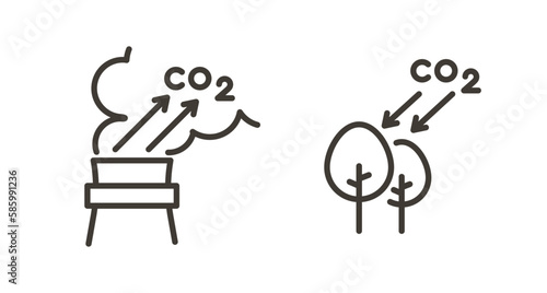 Vector thin line icon outline linear stroke illustrations. CO2 emissions by a factory and CO2 offseting by forest trees