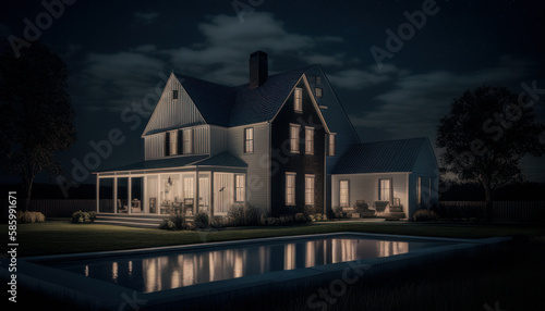 The dream house in the farm at night. Generative AI