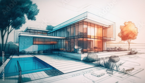 Modern house design sketch. Generative AI © Fernando