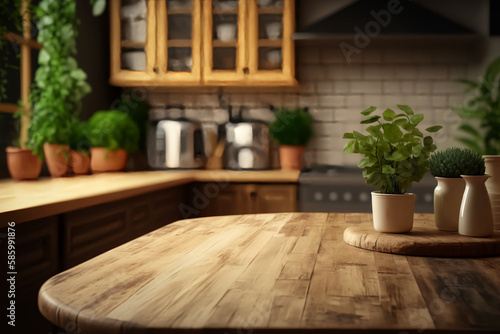 Wooden Table Top on Blurred Kitchen Room. Tabletop on blurred kitchen counter room background. Generative Ai.