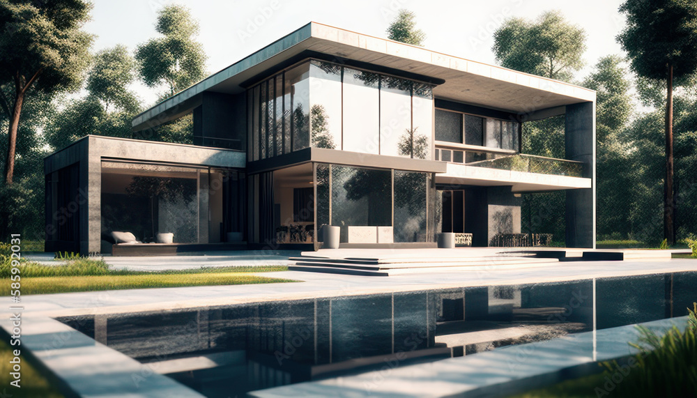 Modern house with pool in blue filter. Generative AI. 