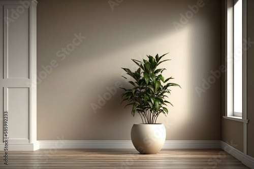 Empty Room Interior Background Beige Wall with Plant on Pot. Generative AI.