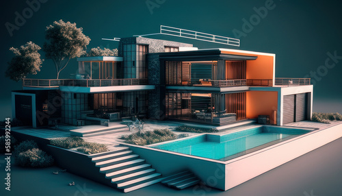 Modern house with pool in blue filter. Generative AI. 