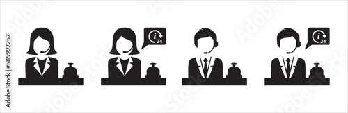 Receptionist icon. Hotel customer service vector icons. Help and information call center sign. Front officer desk waiter symbol. Stock illustration.