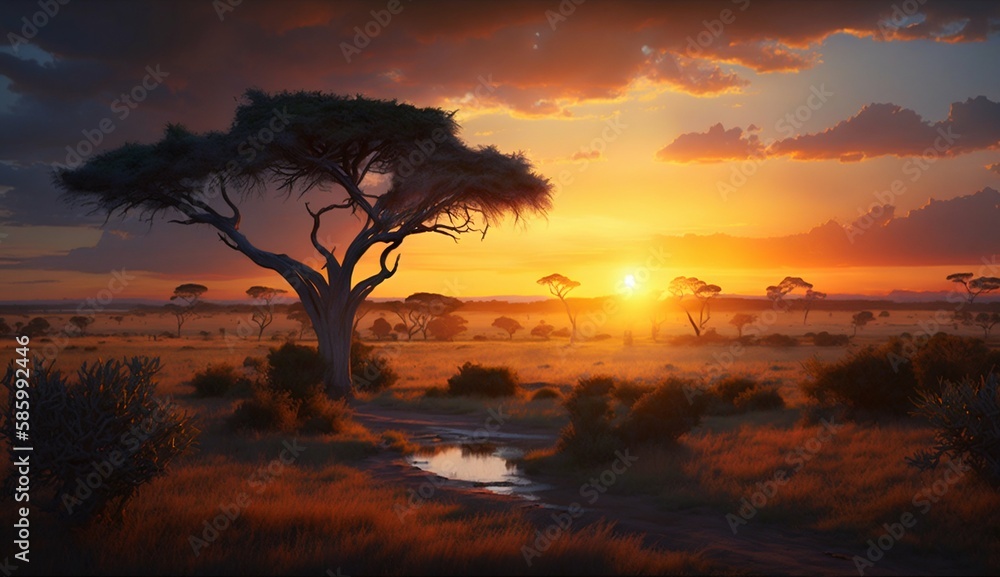 Serengeti savannah sunrise landscape. Generative AI Serengeti savannah sunrise landscape. Generative AI