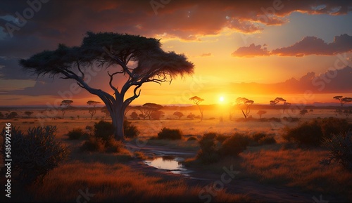 Serengeti savannah sunrise landscape. Generative AI
