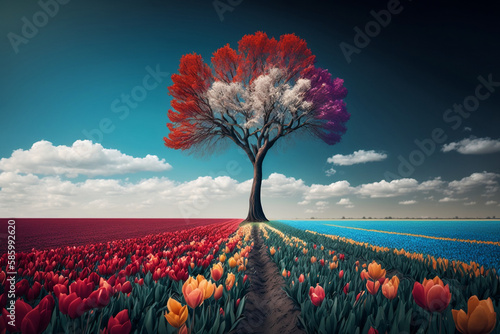 Spring Serenity: A Peaceful Landscape of Colorful Tulips and a Solitary Tree - AI Generated