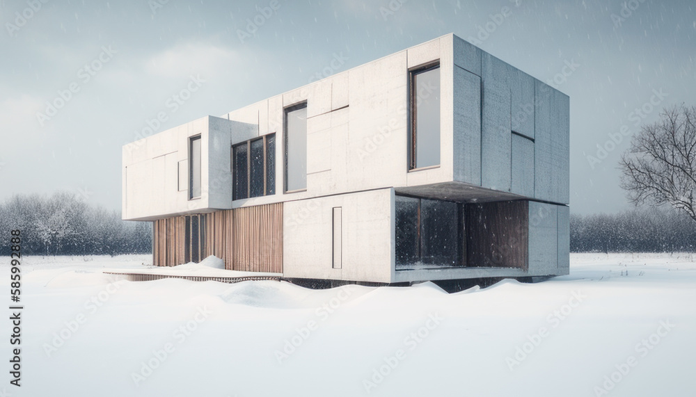 Modern house on a snowy by day. Generative AI
