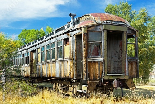 Scene of the rusty abandoned train in the forest surrounded by trees and grass in the daytime