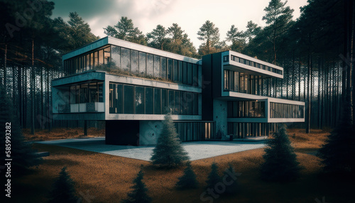 Modern house in the forest by day. Generative AI. Generative AI