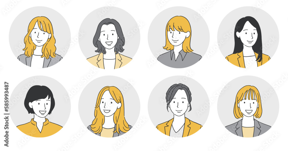 スーツを着た笑顔の女性の丸アイコンセット スーツを着た笑顔の女性の丸アイコンセット