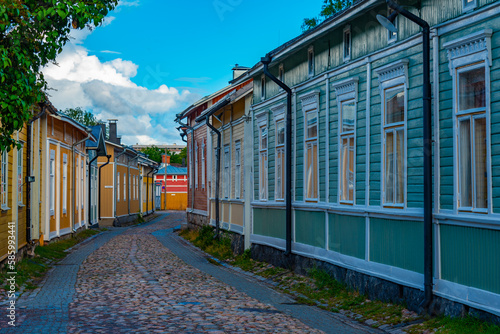 Timber buildings at Vanha Rauma district of Rauma in Finland photo