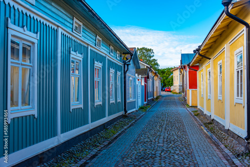 Timber buildings at Vanha Rauma district of Rauma in Finland photo