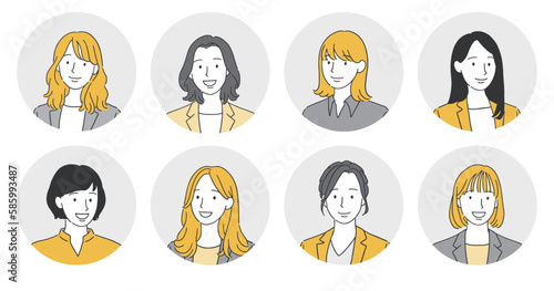 スーツを着た笑顔の女性の丸アイコンセット