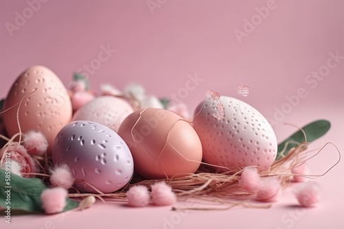 group of white eggs on a pastel pink background created with Generative AI technology