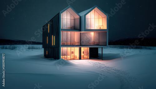 Modern house on a snowy night. Generative AI