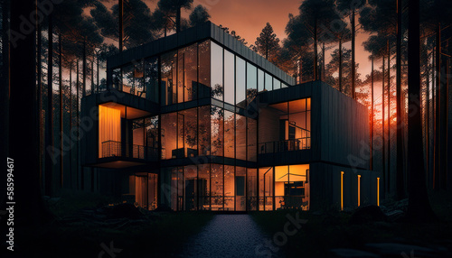 Modern house in the forest at night. Generative AI © Fernando
