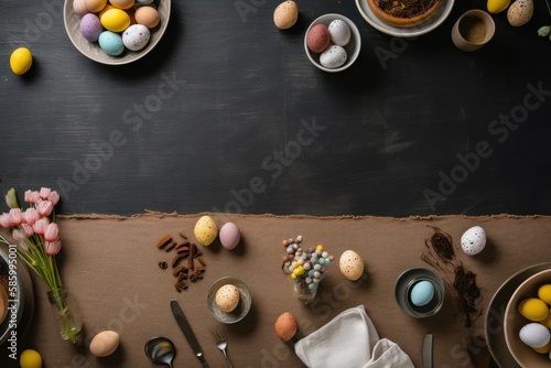 Easter eggs hand-painted on a table, generative AI