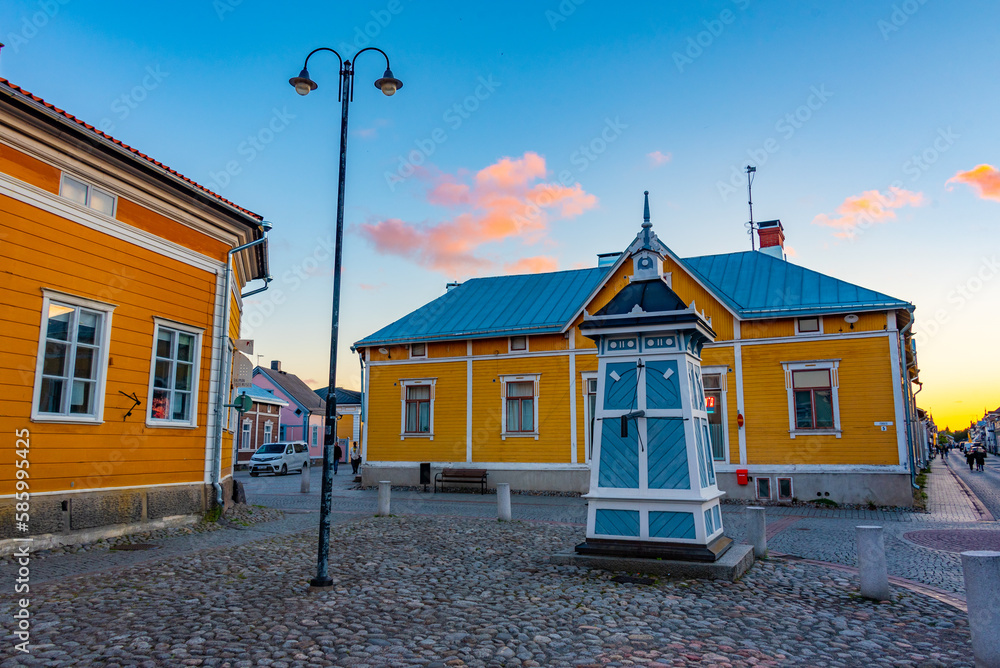 Sunset view of a small square in front of the Rauma Art musem in Rauma, Finland - obrazy, fototapety, plakaty 