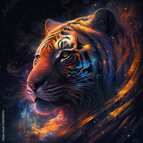 Cosmic Tiger art face on the galaxy