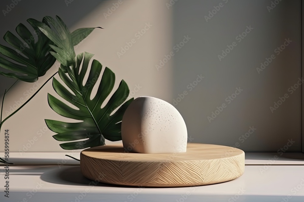 white ball resting on a wooden pedestal created with Generative AI technology