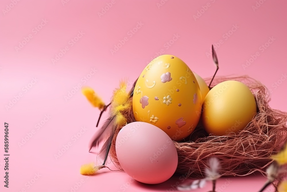 Illustration of three eggs in a nest on a pink background created with Generative AI technology Illustration of three eggs in a nest on a pink background created with Generative AI technology