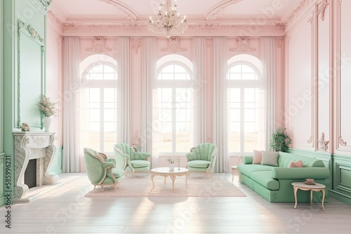 Interior  domestic modern room  minimalistic design in pink and mint green shades  AI generative