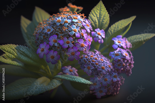 Purple heliotrope flowers bloom in the garden in summer. Closeup of flowers of heliotropium indicum also known as turnsole indian heliotrope. Realistic 3D illustration. Creative AI photo
