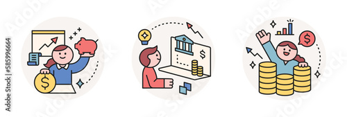 Finance and people, accounts for household economic growth, investment plan management. Piggy bank, graph, data, stacked. Vector illustration.
