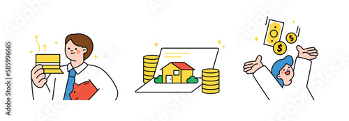 Finance and people, accounts for household economic growth, investment plan management. Passbook, real estate, assets, hurray. Vector illustration.