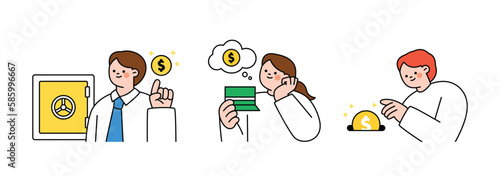 Finance and people, accounts for household economic growth, investment plan management. Safe deposit box, bankbook, put money. Vector illustration.