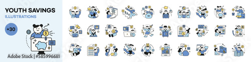 Finance and youth people, accounts for household economic growth, investment plan management. Vector illustration. mega set.