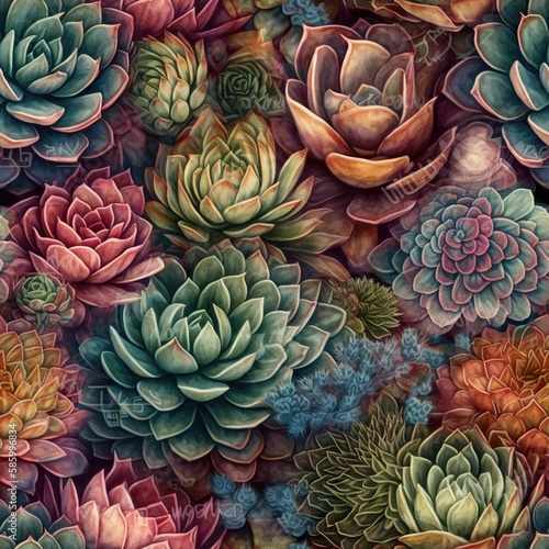 Seamless floral background with various succulent types  vintage botany books style  AI generative