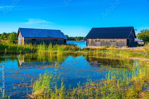Colourful fishing sheds at Käringsund situated at Aland islands in Finland photo
