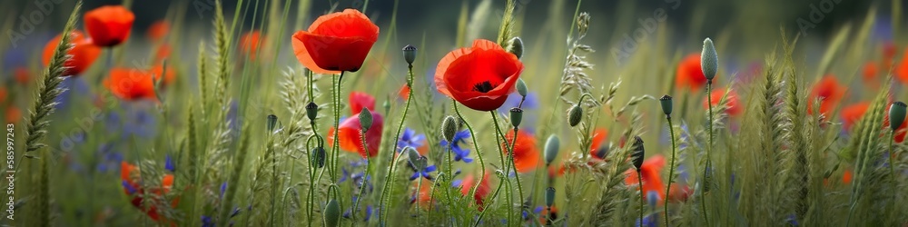 Fototapeta premium Panoramic banner with red poppy and blue cornflowers on meadow in summer, horizontal border of adorable wild flowers, AI generative