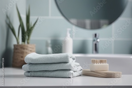 neat stack of towels on a bathroom countertop created with Generative AI technology