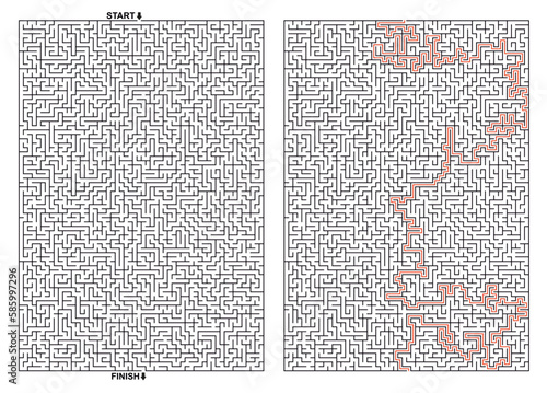 Vector rectangular Maze - Labyrinth with Included Solution in Black  Red.  Labyrinth of high complexity